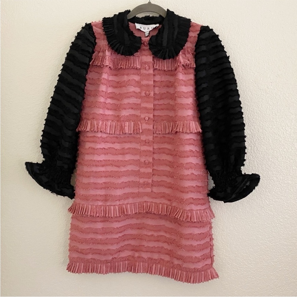 Buru Peter Pan Collar‎ Mini Dress Rose & Black Fringe NEW